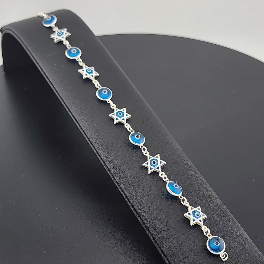 Sterling Silver 925 Multi Round & Star Evil Eye Bracelet – Protection & Style - Picture 4 of 13